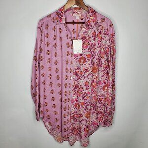 Knox Rose Womens Floral Print Button Front Tunic Shirt Size L Boho Cottage Core